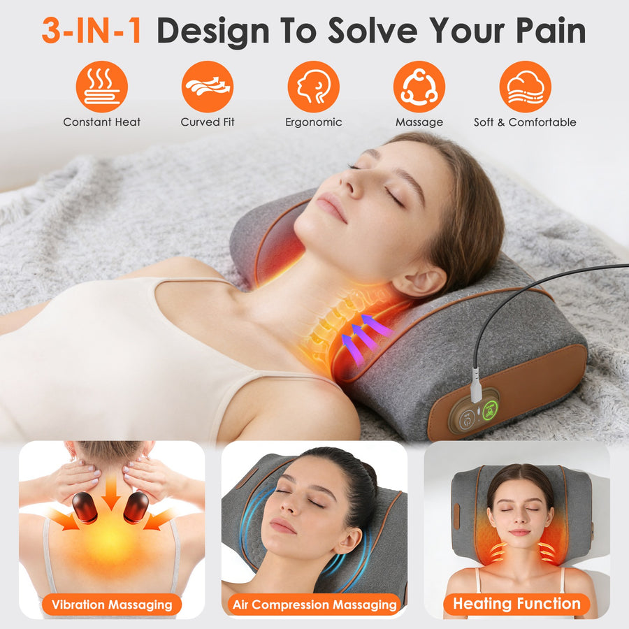 3-in-1 Heated Neck Massager Pillow – Air Compression & Vibration, Timer