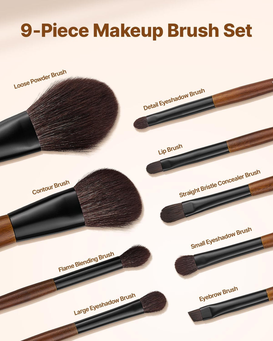 9-Piece Vegan Makeup Brush Set with Travel Bag